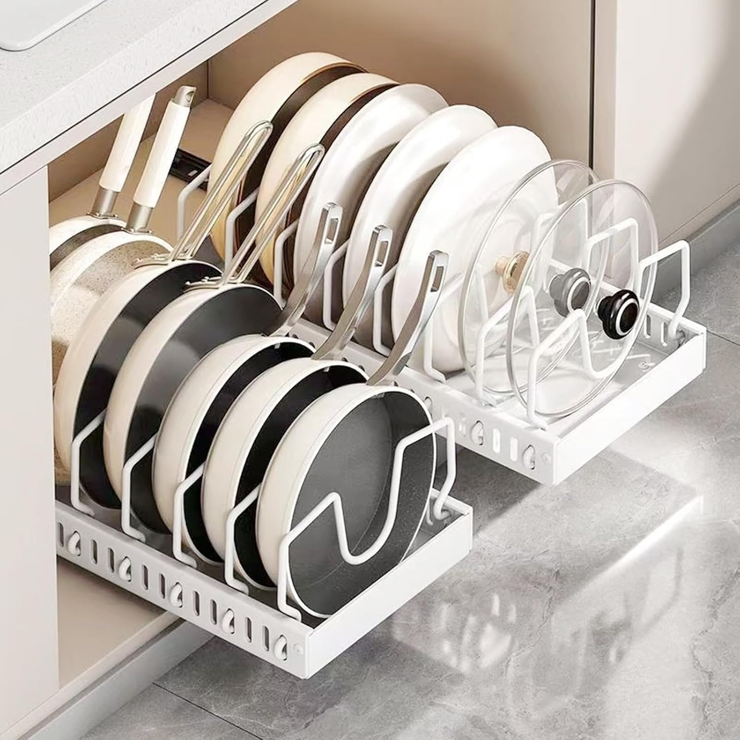 White tiered pull-out organizer basket for pots and lids