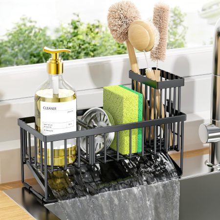 Self-draining stainless steel sink organizer for sponges and brushes